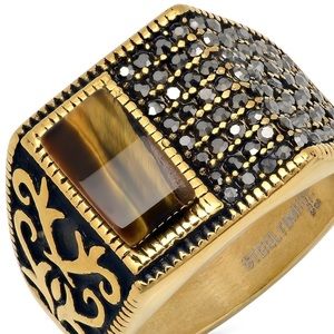 Steeltime Stainless Steel CZ and Tiger Eye Ring